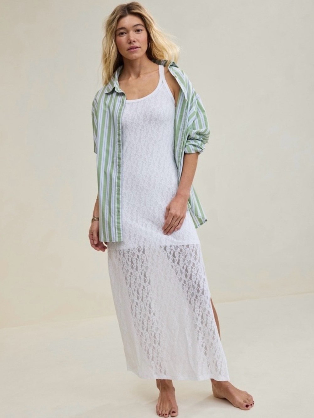 Aerie White Lace Maxi tank Dress XL-TG Split Sides Coastal Beachy Summer Boho